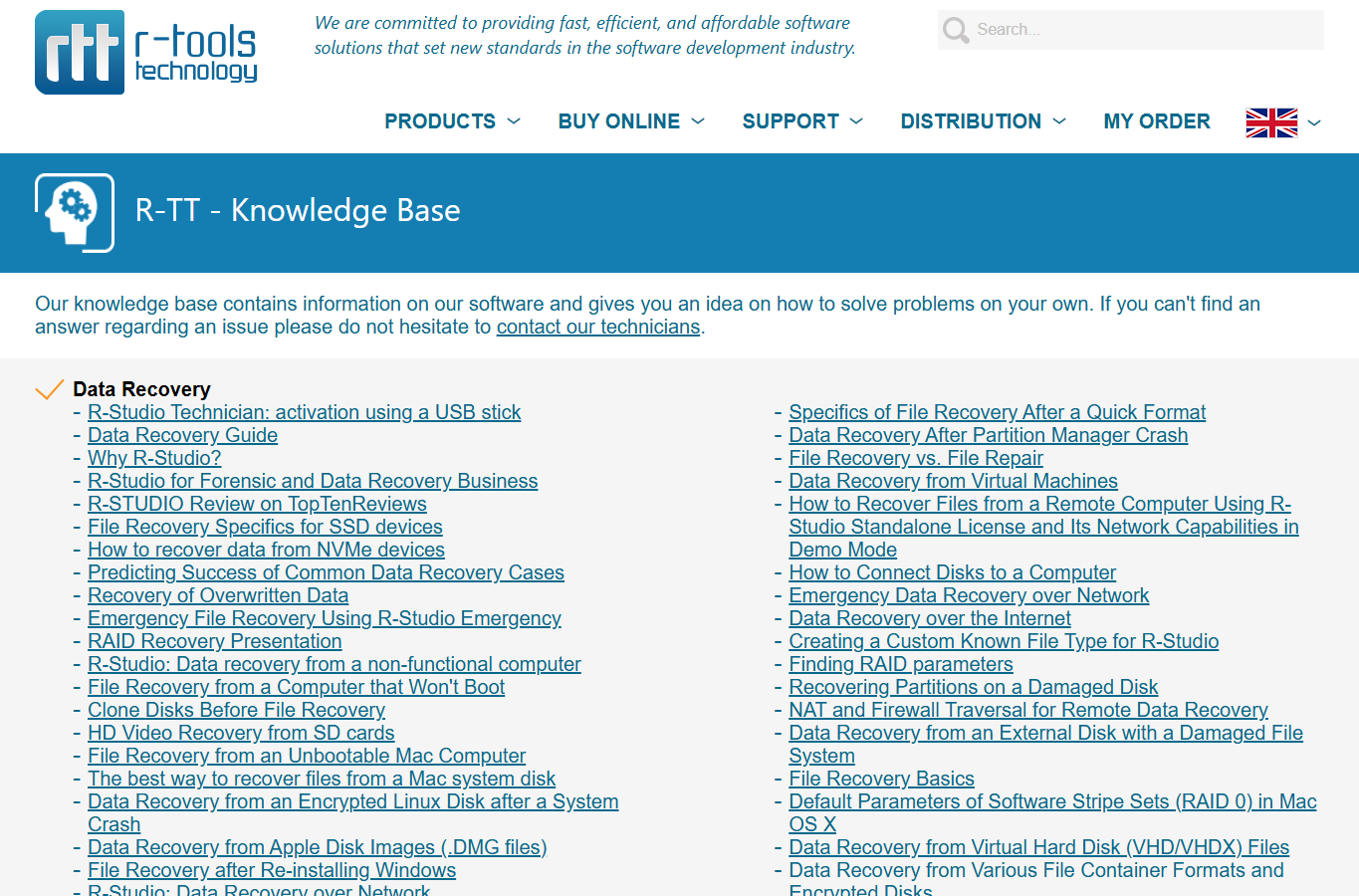 R-Studio Knowledge Base data recovery guide list screenshot
